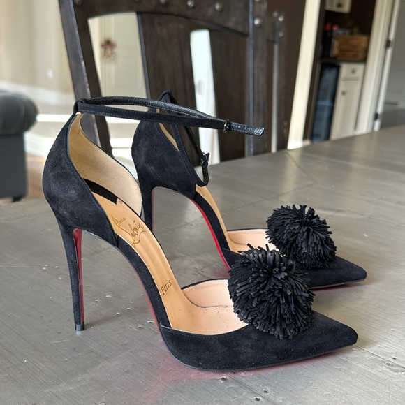 Christian Louboutin tsarou 100mm black suede stiletto pom Pom sz 38 - Picture 1 of 10
